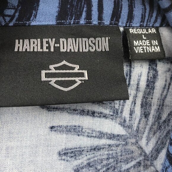 Harley-Davidson Mens Hawaiian Shirt Large Short Sleeve Blue Casual Moto Leaf Y2K - Picture 9 of 14